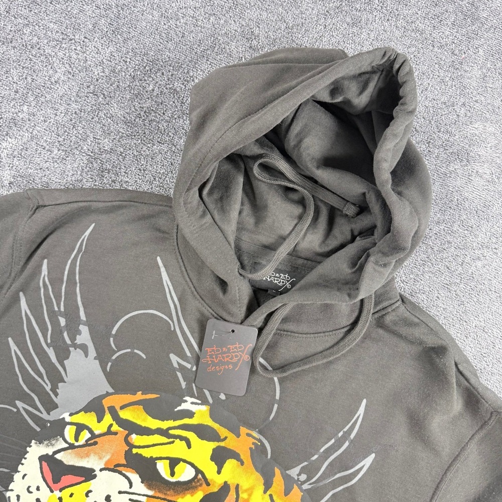 Ed Hardy Mens Tiger Graphic Hoodie Charcoal Grey Tattoo Art Large NWT